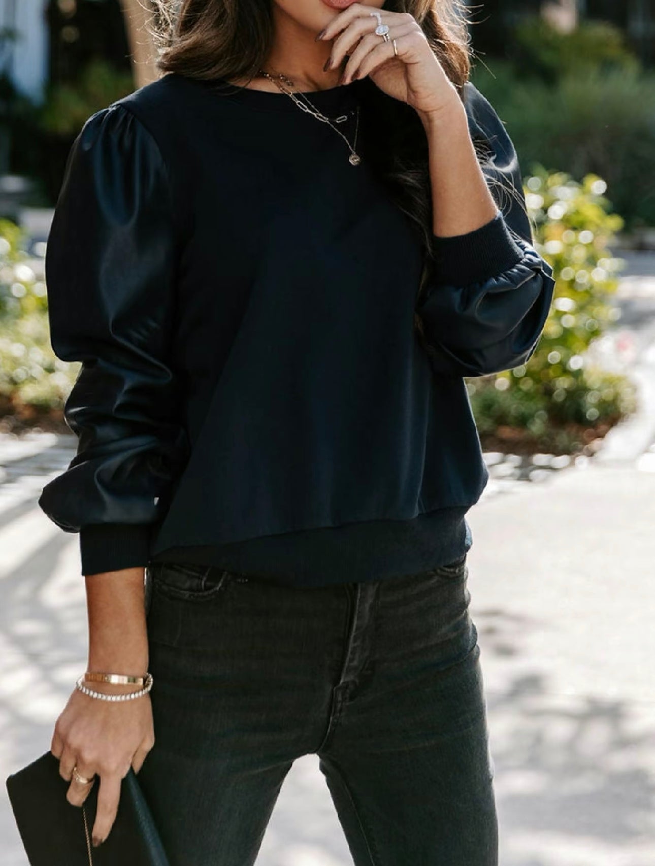 Leather Bishop Sleeve Sweatshirt