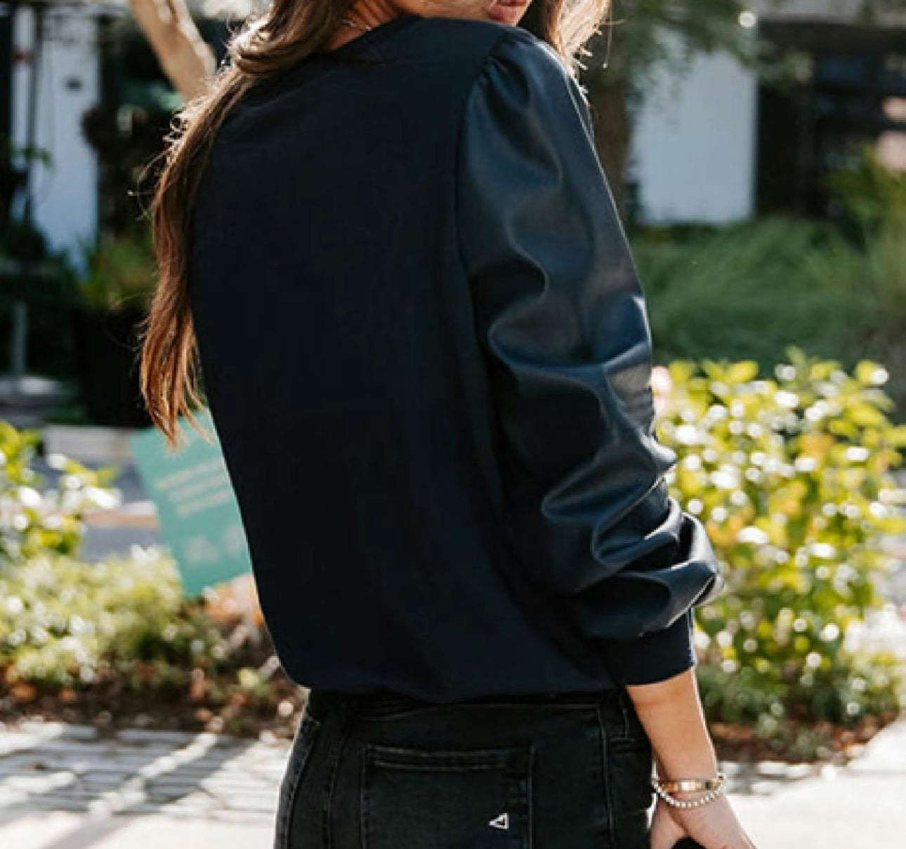 Leather Bishop Sleeve Sweatshirt