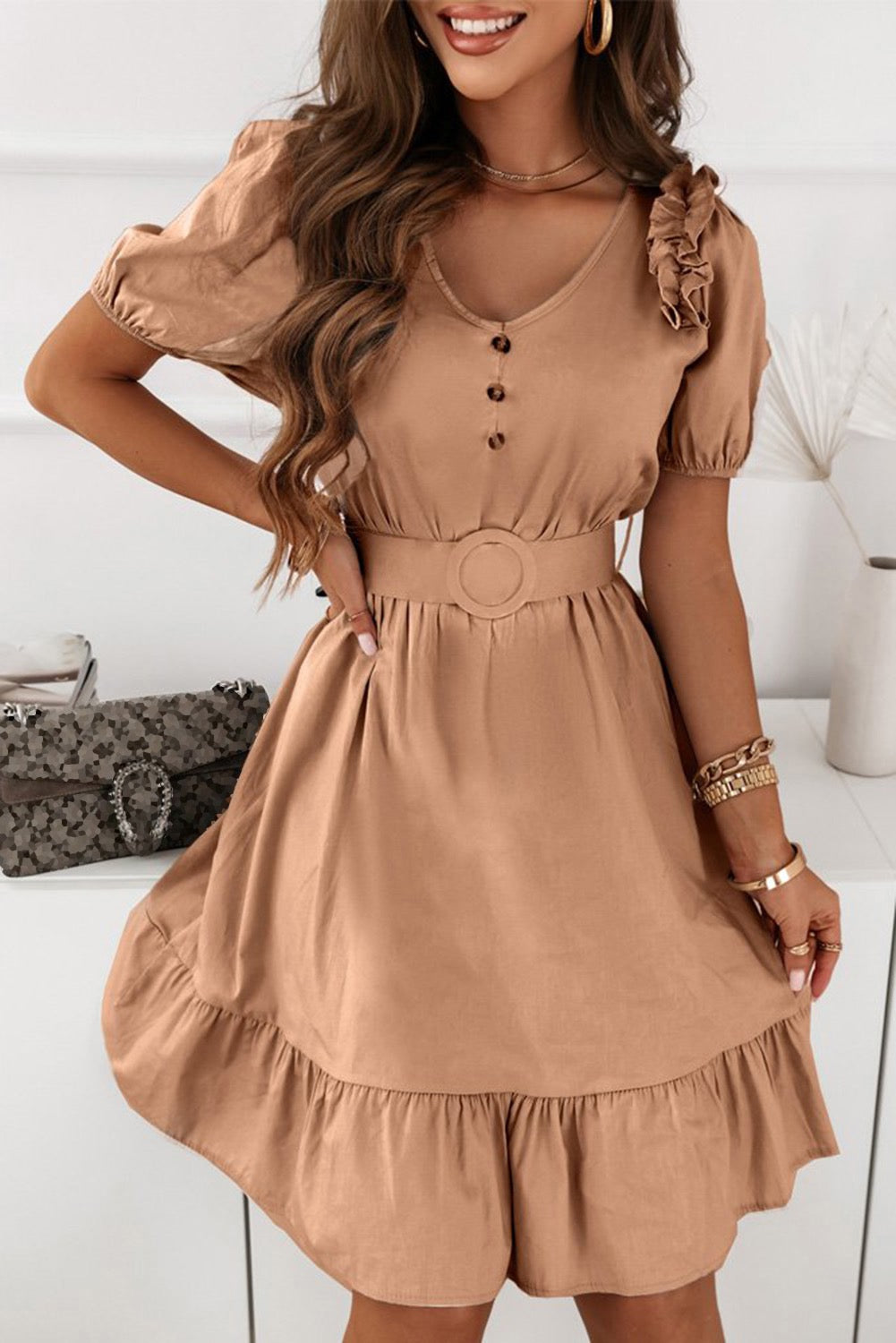V-Neck Ruffle Midi Dress