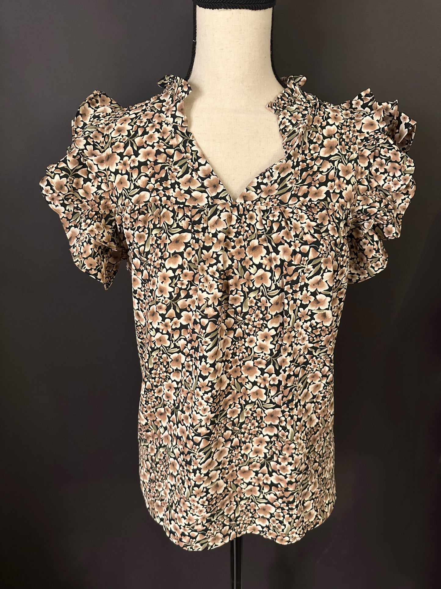 Khaki Floral V-Neck Top