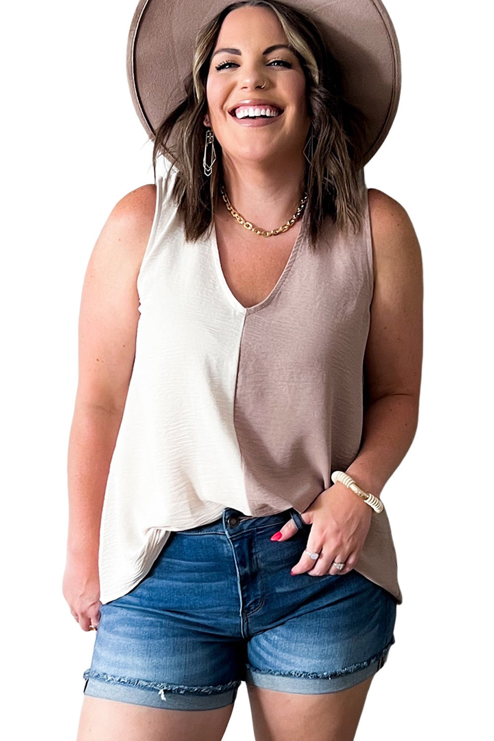 Color-block V-Neck Sleeveless Top